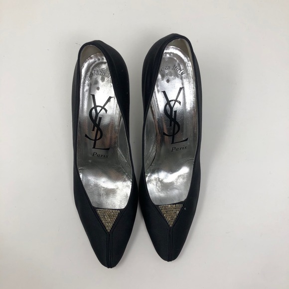 Vintage YSL Yves Saint Laurent Pumps Heels Womens 8 Black Satin Rhinestone - Picture 4 of 15